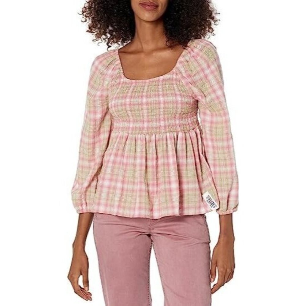 Tommy Hilfiger Women's Plaid Peplum Smocked Blouse - Rosebud, Size Small